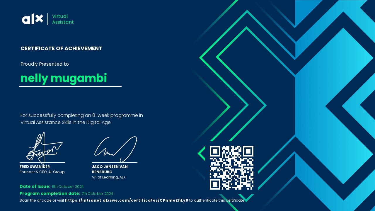 ALX Africa Certificate of Achievement awarded to Nelly Mugambi for completing the 8-week Virtual Assistance Skills in the Digital Age programme, October 2024