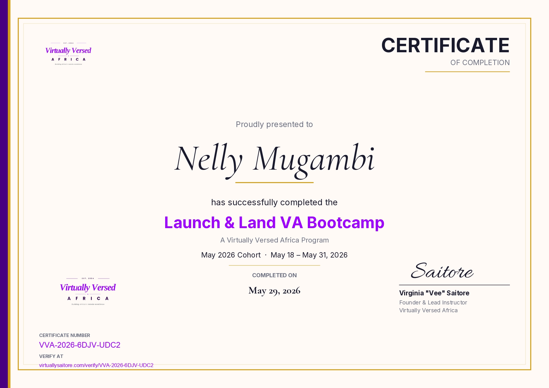 Virtually Versed Africa Certificate of Completion awarded to Nelly Mugambi for the Launch and Land VA Bootcamp, May 2026 cohort
