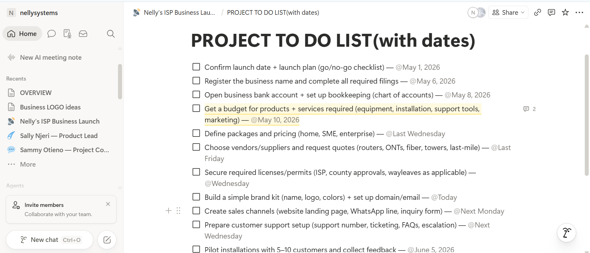 Project to-do list with dates