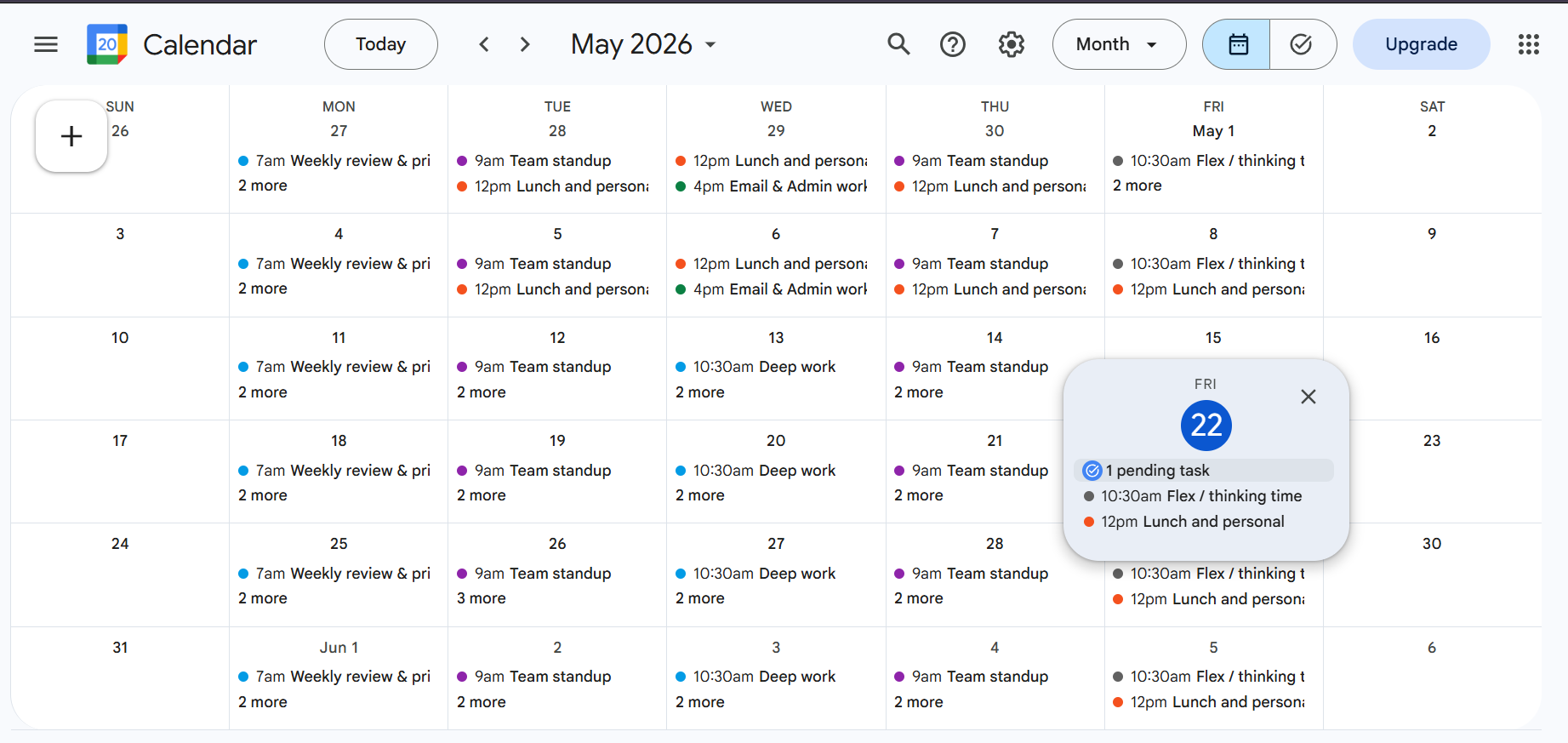 Google Calendar monthly time-blocking view